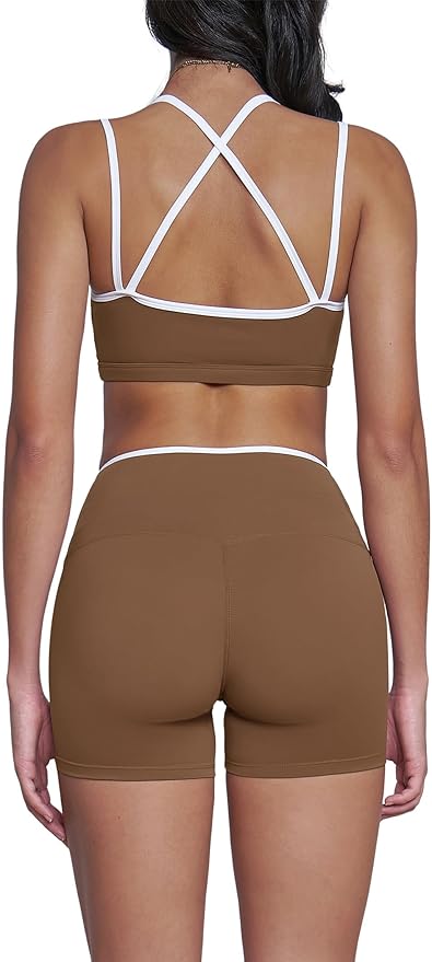 Workout Sets for Women 2 Piece Contrast Panel Sports Bra Tummy Control Butt lifting Shorts Jogger Outfits ﻿