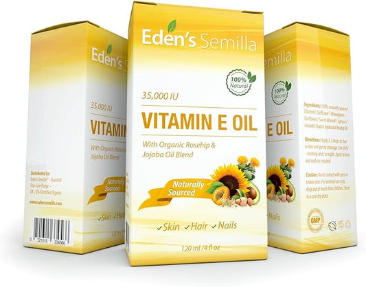 100% Plant Extract Vitamin E Oil 35,000 IU + Organic Rosehip & Jojoba Blend - Fast Absorbing Skin Protection for Face & Body. Pure Ingredients - Ideal for Sensitive Skin - Use Daily