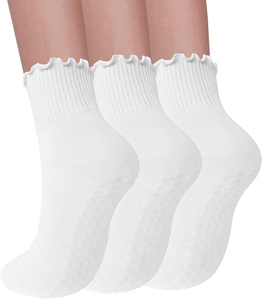3 Pairs Pilates Socks with Grips for Women Non Slip Grip Ruffle Yoga Ankle Grippy Socks