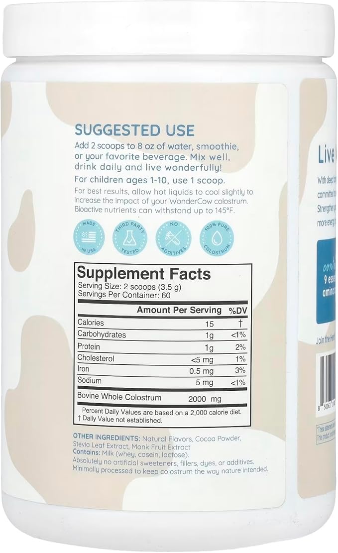 WONDERCOW Colostrum Supplement Powder for Gut Health, Immune Support, Muscle Recovery & Wellness | Natural IgG Pure Whole Bovine Colostrum Superfood, Chocolate, 60 Servings