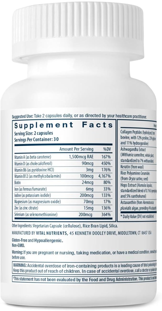 Vital Nutrients Hair Growth Vitamins Complex for Women | Hair Growth Supplement Supports Fuller, Thicker, Stronger with Keratin, Ashwagandha, Hops and Biotin | Vegan, Dairy, Gluten Free | 60 Count