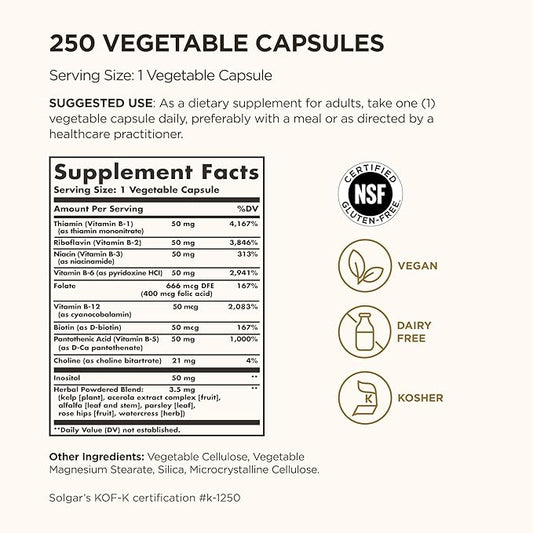 Solgar B-Complex “50”, 250 Vegetable Capsules - Energy Metabolism, Cardiovascular Support, Nervous System Support - Non-GMO, Vegan, Gluten Free, Dairy Free, Kosher - 250 Servings