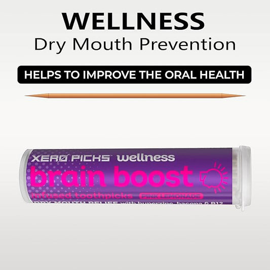 Xero Picks Wellness - Infused Flavored Toothpicks - Dry Mouth Prevention - 60 Picks - 3 Pack - Pink Lemonade - Brain Boost - Huperzine, Bacopa, B12