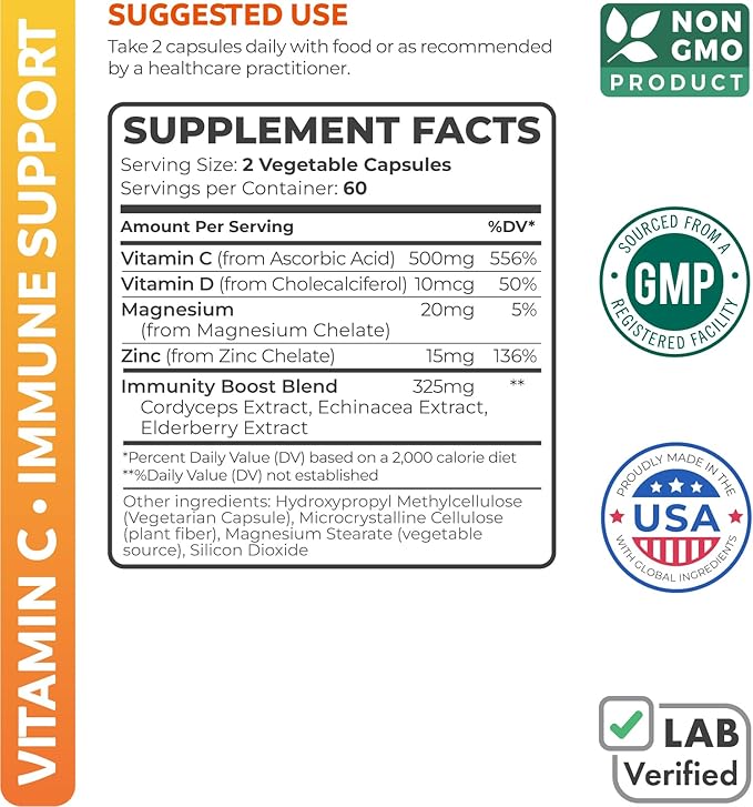 Vitamin C Immune Support Supplement - Immune Boost Blend with Elderberry Vitamin C and Zinc for Daily & Seasonal Support - Magnesium Zinc VIT C & D and Herbal Defense Complex (2 Months Supply)
