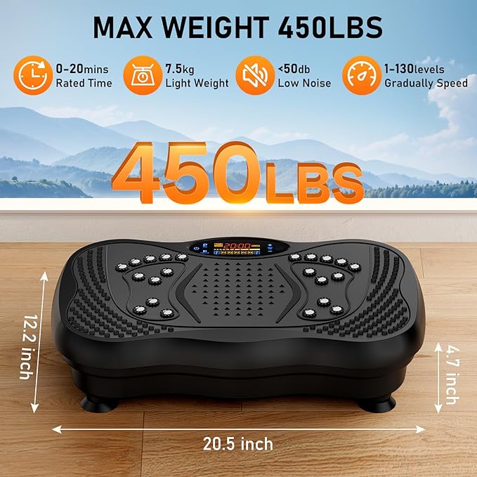 Vibration Plate Exercise Machine, 130 Speeds Home Fitness Vibrating Plate for Lymphatic Drainage Weight Loss, 450 Lbs Capacity Full Body Workout Platform with Resistance Bands Bluetooth for Women Men