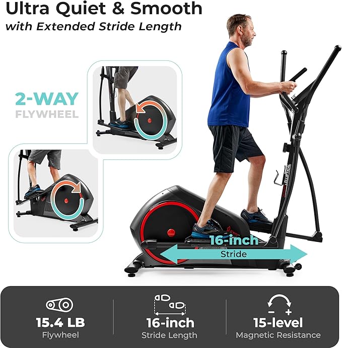 Sunny Health & Fitness Smart Elliptical Full-Body Cross Training Machine w/Extended Stride, Cardio Exercise Trainer for Home, Free SunnyFit App Bluetooth Connection, Optional 12" or 16" Stride Length