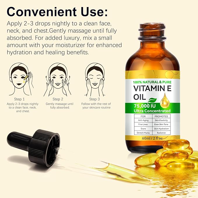 WHLH & WELL-BEING Pure Vitamin E Oil for Skin Face Hair Scars, Blend 75,000 IU, Moisturizing Dry Skin Winkles Hair and Scalp Pack of 1