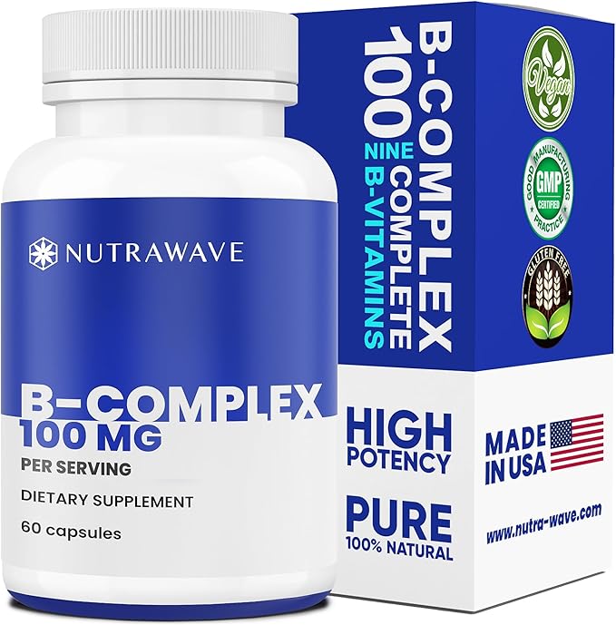 VITAMIN B COMPLEX 100 High Potency, 9 Complete B’s - B1- B12 for Men & Women, Reduce Stress, Immune Support, Hair, Skin, Supports Energy Levels & Brain Function Vegan - 60 Capsules/ 60 Day Supply