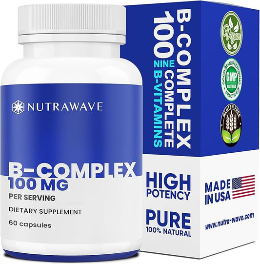 VITAMIN B COMPLEX 100 High Potency, 9 Complete B’s - B1- B12 for Men & Women, Reduce Stress, Immune Support, Hair, Skin, Supports Energy Levels & Brain Function Vegan - 60 Capsules/ 60 Day Supply
