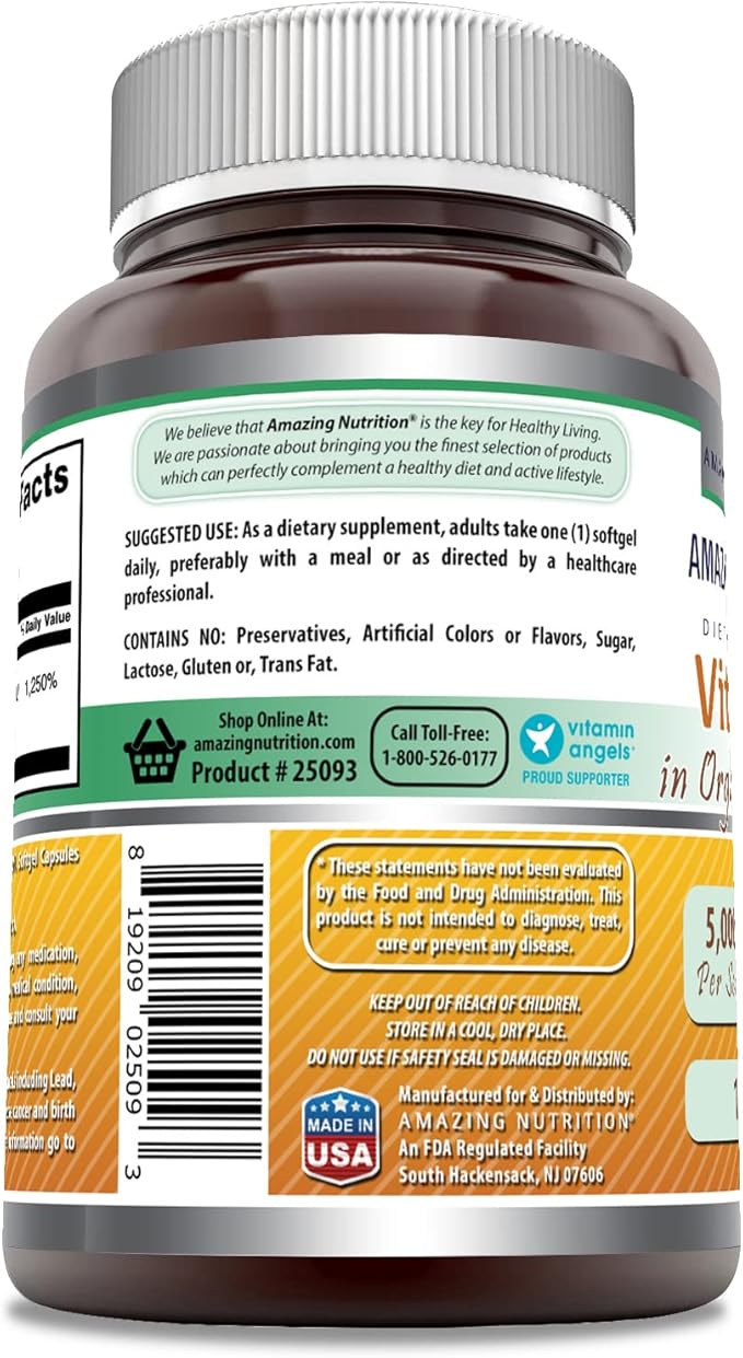 Amazing Formulas  Vitamin D3 with Coconut Oil Supplement |  5000  IU Per Serving | 180 Softgels | Non-GMO | Gluten Free | Made in USA