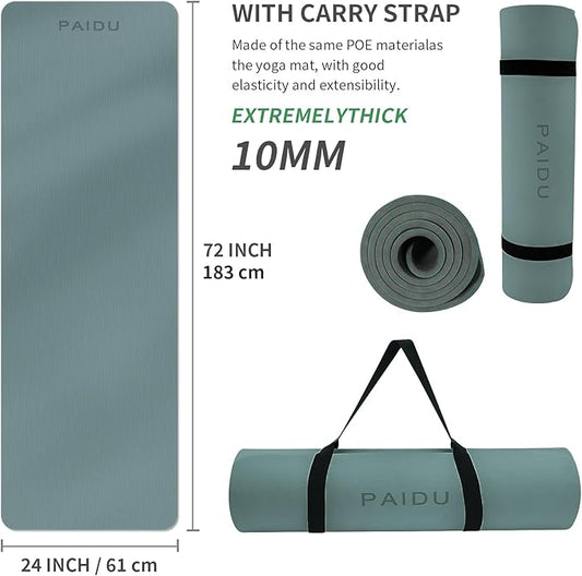 Yoga Mat Non Slip Anti-tear,extra thick-2/5 inch（10MM）High Resiliency Professional POE Yoga Mats for Women Men Kids,72"x24"inch,Workout, Yoga, Pilates and Floor Exercise, with Carrier Strap
