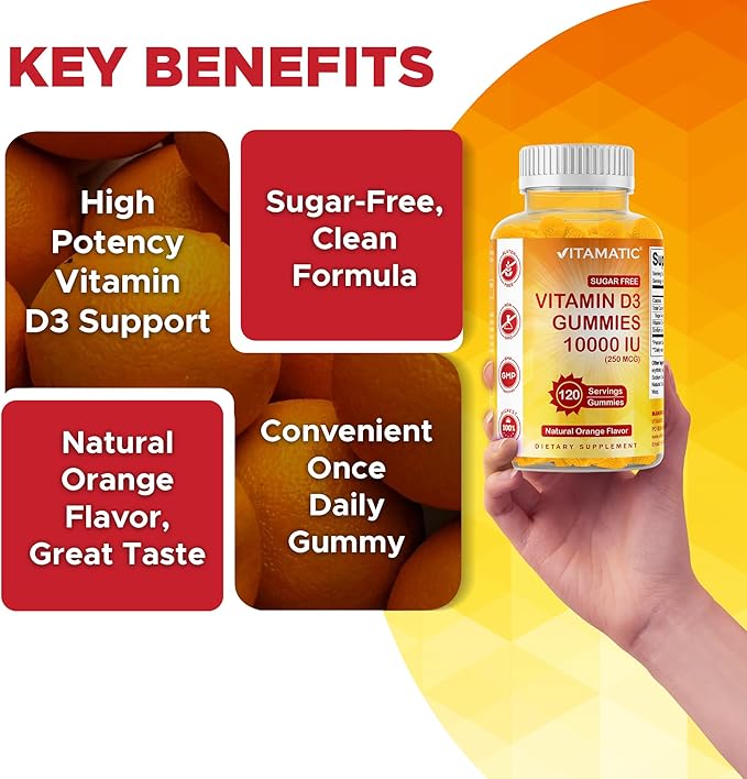 Vitamatic Sugar Free Vitamin D3 10000 IU - 120 Pectin Based Gummies - Great Taste - Healthy Bones, Mood & Immune System Function - Non-GMO - 120 Servings