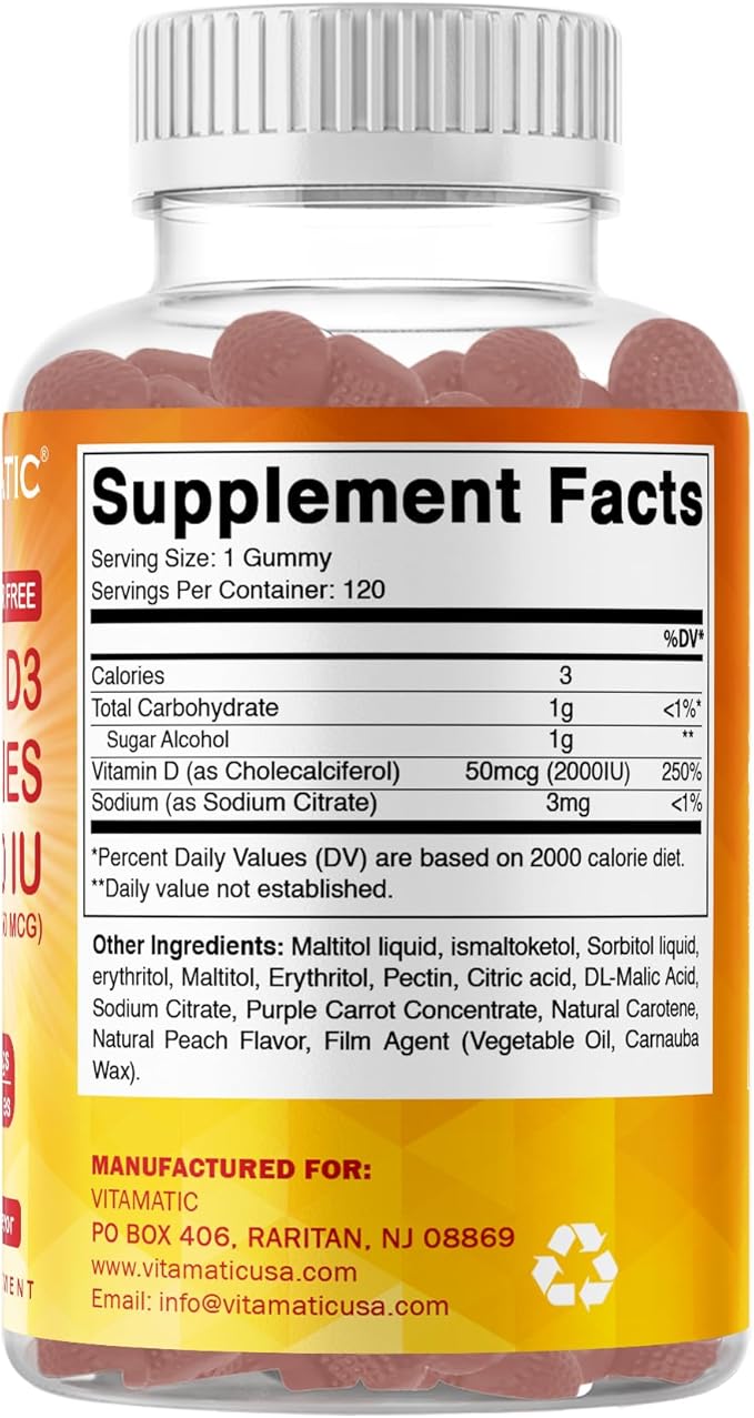 Vitamatic Sugar Free Vitamin D3 2000 IU - 120 Pectin Based Gummies - Great Taste - Healthy Bones, Mood & Immune System Function - Non-GMO - 120 Servings