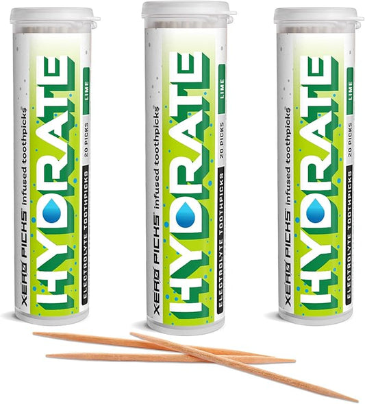 Xero Picks Hydrate - Electrolyte Flavored Toothpicks -60 Picks-Variety 3 Pack - Lime - Sodium, Potasium, Magnesium, Calcium