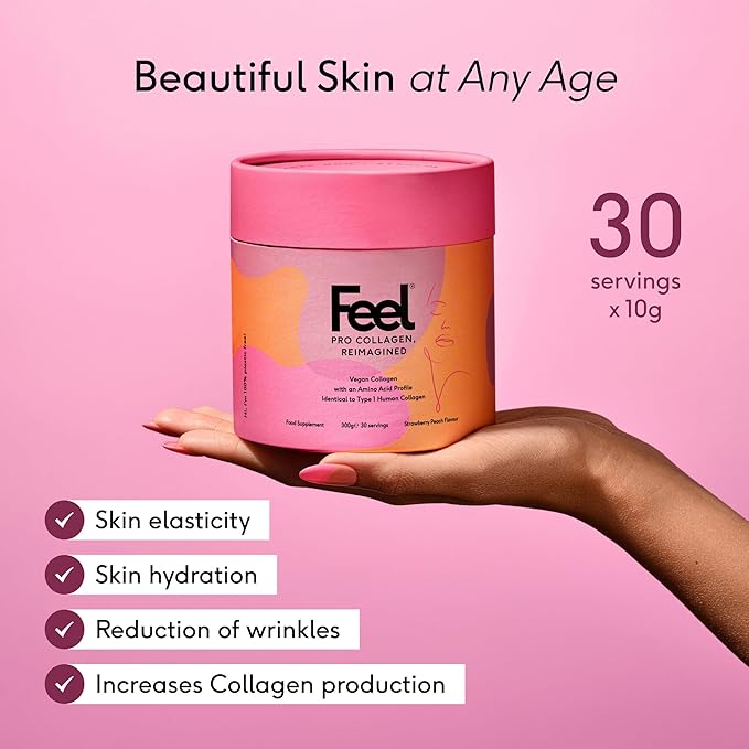 FEEL, Pro Collagen Strawberry Peach Flavor, Vegan Type I Collagen, Clinically Proven to Reduce Wrinkles by 22.4% in 28 Days