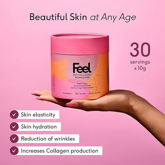FEEL, Pro Collagen Strawberry Peach Flavor, Vegan Type I Collagen, Clinically Proven to Reduce Wrinkles by 22.4% in 28 Days