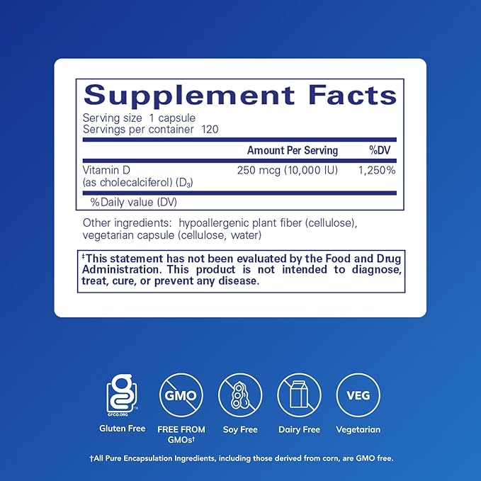 Pure Encapsulations Vitamin D3 250 mcg (10,000 IU) - Supplement to Support Bone, Joint, Breast, Heart, Colon & Immune Health - with Premium Vitamin D - 120 Capsules
