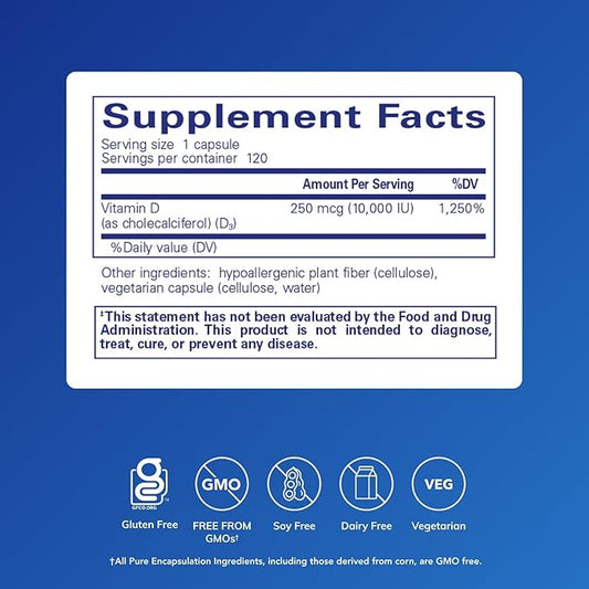 Pure Encapsulations Vitamin D3 250 mcg (10,000 IU) - Supplement to Support Bone, Joint, Breast, Heart, Colon & Immune Health - with Premium Vitamin D - 120 Capsules