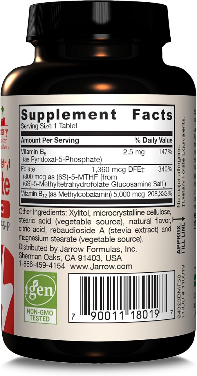 Jarrow Formulas Methyl B-12 & Methyl Folate - 60 Chewable Tablets, Cherry - Bioactive Vitamin B12 & B9 - Supports Energy Production, Brain Function & Metabolism - Gluten Free - 60 Servings