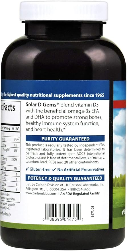 Carlson - Solar D Gems, Vitamin D3 and Omega-3 Supplement, 2000 IU Vitamin D3, 115 mg Omega-3s EPA and DHA, Vitamin D Fish Oil Capsule, Bone & Immune Health, Vitamin D Supplement, Lemon, 360 Softgels