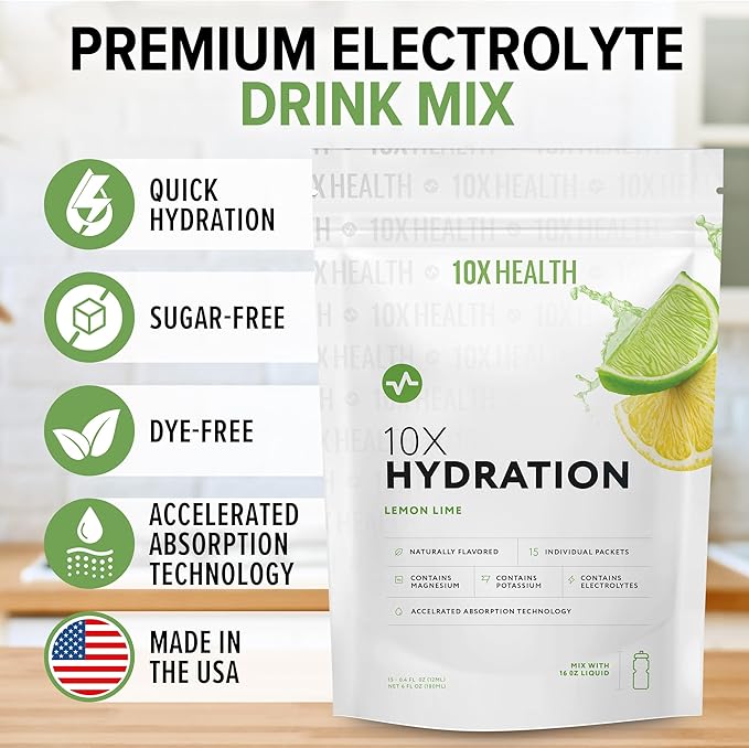 10X Health Hydration Packets Lemon Lime Electrolyte Drink Mix Liquid 15 Stickpacks with Magnesium Citrate, Sodium & Potassium - Natural Flavored Electrolyte