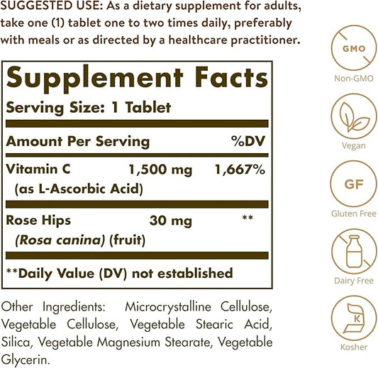 Solgar Vitamin C 1500 mg with Rose Hips, 180 Tablets - Antioxidant & Immune Support - Overall Health - Supports Healthy Skin & Joints - Non GMO, Vegan, Gluten Free, Dairy Free, Kosher - 180 Servings