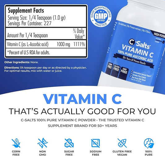 C-Salts Pure Ascorbic Acid Powder - High Dose 100% Pure Vitamin C Powder Supplement for Immune Support - Sugar-Free Powdered Drink with Soluble Fine Crystals, Organic, Corn-Free Non-GMO 8oz