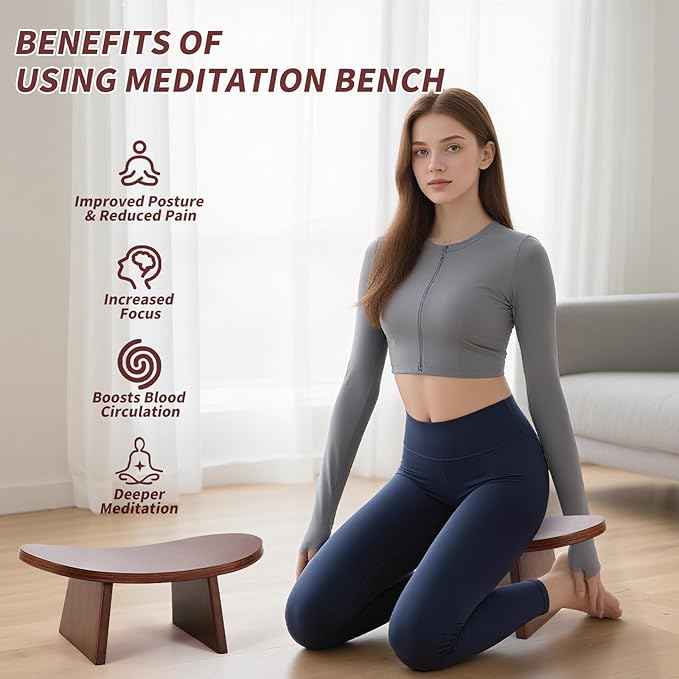 Meditation Bench - Wooden Ergonomic Kneeling Stool for Yoga, Prayer, Travel, Mindfulness, Zen Practice