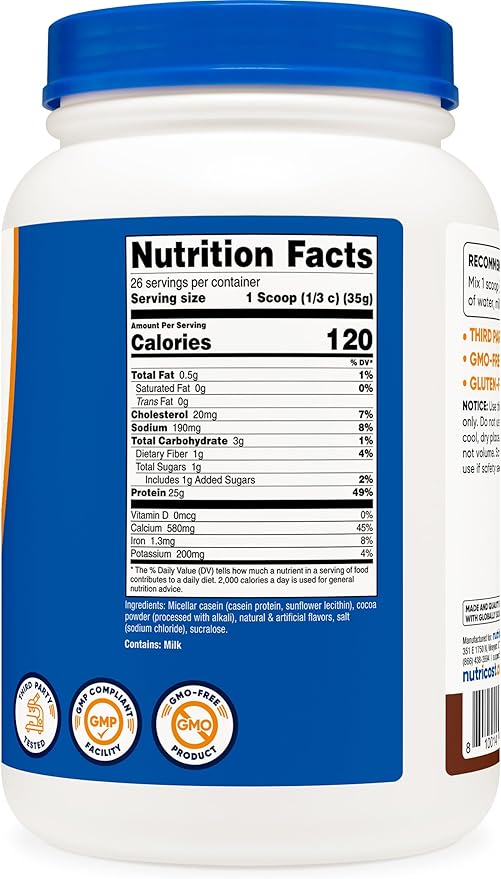 Nutricost Casein Protein Powder 2lb Chocolate - Micellar Casein, Gluten Free, Non-GMO