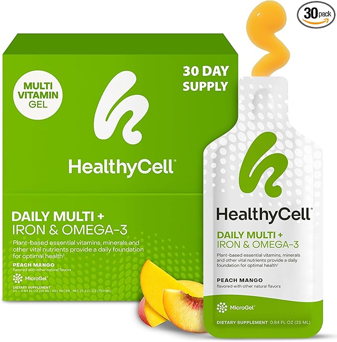 Healthycell Vegan Daily Multivitamin Liquid Supplement with Iron and Omega-3, 25+ Essential Vitamins, Minerals & Nutrients for Brain & Heart Health, Immune Support & Energy - 30 Gel Packs