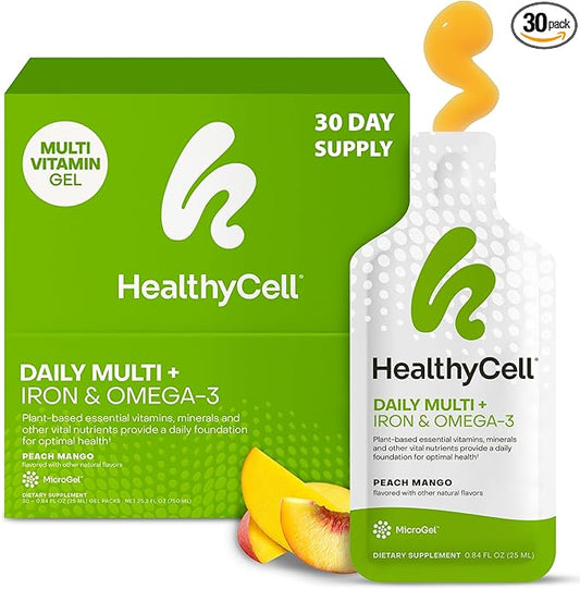 Healthycell Vegan Daily Multivitamin Liquid Supplement with Iron and Omega-3, 25+ Essential Vitamins, Minerals & Nutrients for Brain & Heart Health, Immune Support & Energy - 30 Gel Packs