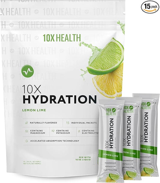 10X Health Hydration Packets Lemon Lime Electrolyte Drink Mix Liquid 15 Stickpacks with Magnesium Citrate, Sodium & Potassium - Natural Flavored Electrolyte