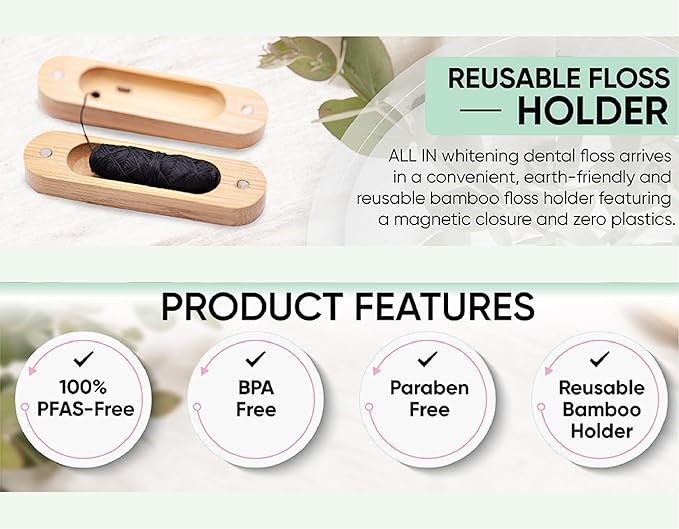 ALL IN Waxed Charcoal Floss with a Refillable Dental Floss Holder - Plant Based, No PFAS - Mint Floss for Effective Plaque Removal, Clean Teeth, Fresh Breath - 32 yd (2)