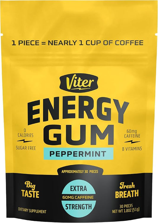 Viter Energy 60mg Caffeine Gum (Peppermint Flavor, 30 Pieces) - Sugar Free, Vitamin B3, B6, B9, B12, Zero Calories, Caffeinated Energy Chews, Nootropic Focus Supplement for Men & Women