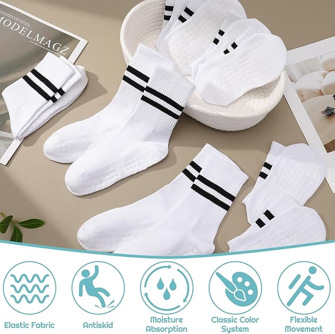 Jspupifip 6 Pairs Grip Pilates Socks Women, Non Slip Yoga Stripe Grippy Crew Breathable Cotton Socks for Ballet Dance