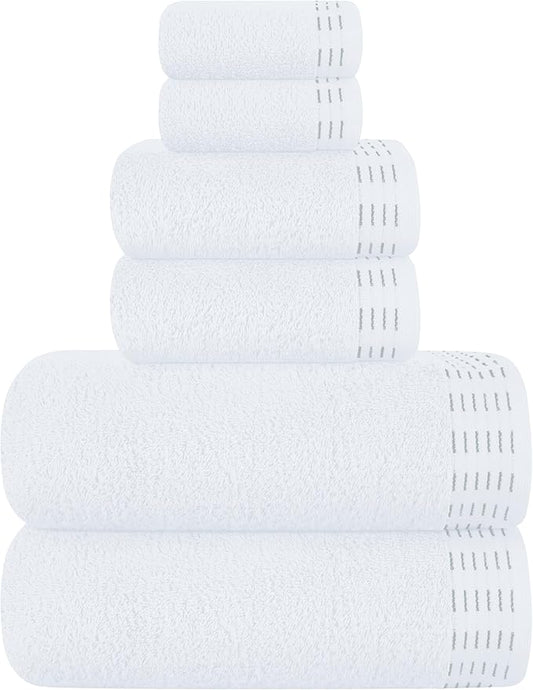 Ultra Soft 6 Pack Cotton Towel Set, Contains 2 Bath Towels 28x55 inch, 2 Hand Towels 16x24 inch & 2 Wash Coths 12x12 inch, Ideal Everyday use, Compact & Lightweight - White