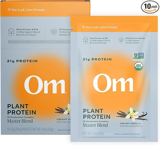 Om Master Blend Vegan Protein Powder, Vanilla, 21g of Plant Protein - Organic Mushroom Supplement with 10 Mushroom Complex, Ashwagandha, BCAAs and Vitamin B12 - Single Serve (10 Count)