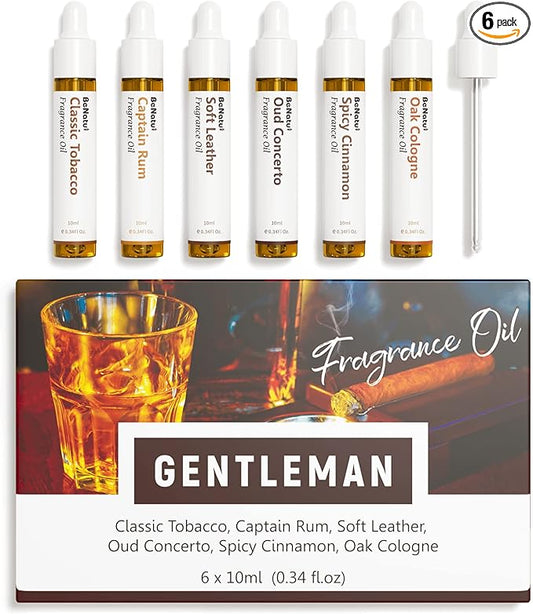 Benatu Gentleman Premium Fragrance Oils Set for Diffuser, Candle, Soap Making - Men Scents Aromatherapy Perfume Oil Gift for Home (Tobacco, Rum, Leather, Ebony, Spice Cinnamon, Oak Cologne) 6 Pcs
