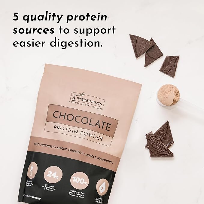 JUST INGREDIENTS Chocolate Protein Powder – 20-Serving Blend with 100% Grass-Fed Whey & Organic Plant Proteins – Rich Cocoa Flavor – Supports Muscle Recovery, Energy*