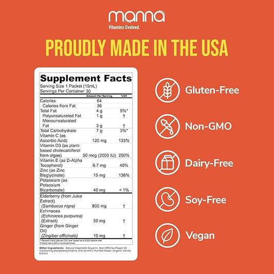 Manna Vitamins Evolved Liposomal Elderberry Immune Packets – Vitamins C, D, Zinc etc. - Daily Immune Support for Adults, Kids - Sugar Free, Real Elderberry Extract, Syrup, Travel-Friendly, 30 Pack
