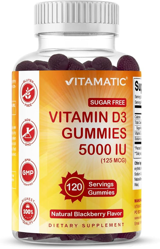 Vitamatic Sugar Free Vitamin D3 5000 IU - 120 Gummies - Great Taste - Healthy Bones, Mood & Immune System Function - Non-GMO - 120 Servings (5000 IU)