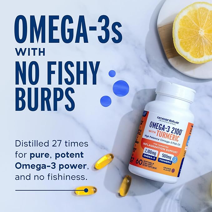 Oceanblue 2100 Triple Strength Omega 3 Fish Oil with Turmeric | Burpless Omega 3 Combo Supplement with Curcumin EPA DHA DPA| Heart and Joint Support | 60 Softgels