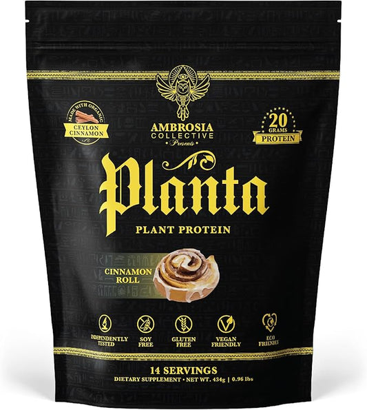 Ambrosia Planta - Premium Plant-Based Protein | Vegan & Keto Friendly | Gourmet Flavors with No Bloating or Stomach Upset | Gluten & Soy Free | No Added Sugar | 14 Servings | (Cinnamon Roll)