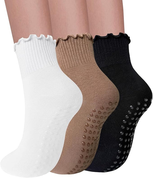 3 Pairs Pilates Socks with Grips for Women Non Slip Grip Ruffle Yoga Ankle Grippy Socks