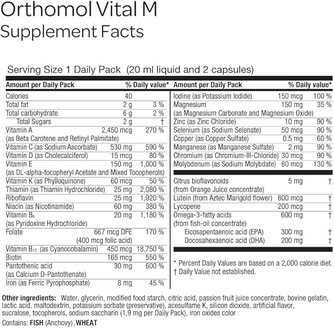 Orthomol Vital M Vial – 30-Day Men's Vitamin Supplement with A, B, C, D, E, K, Iodine & Omega-3 – Supports Male Energy & Vitality