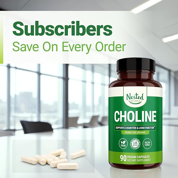 Nested Naturals Choline Bitartrate 500mg - High Potency Choline Supplements - Supports Maternal & Fetal Health During Pregnancy* - 100% Vegan & Non-GMO - 2-Pack (180 Vegan Capsules)