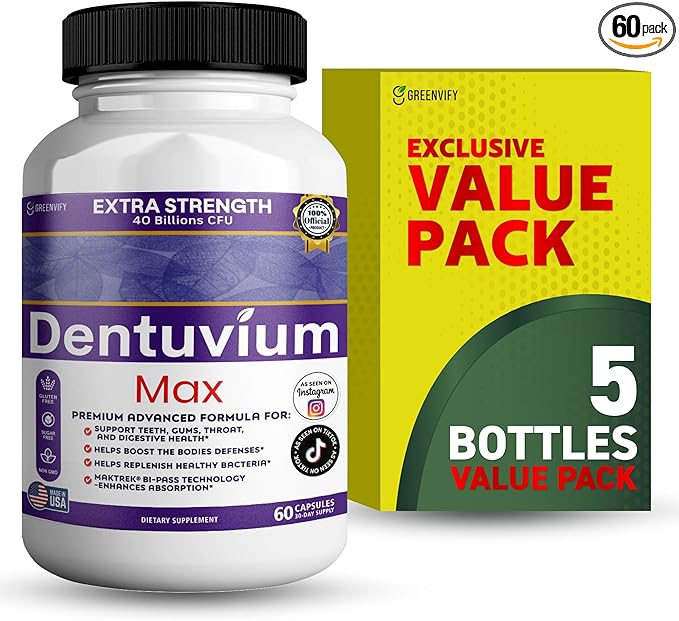 Dentuvium Max Probiotic Supplement - 40 Billion CFU - Supports Teeth Gums Throat Digestive Health - Gluten Free Sugar Free Non-GMO - 60 Capsules (5)