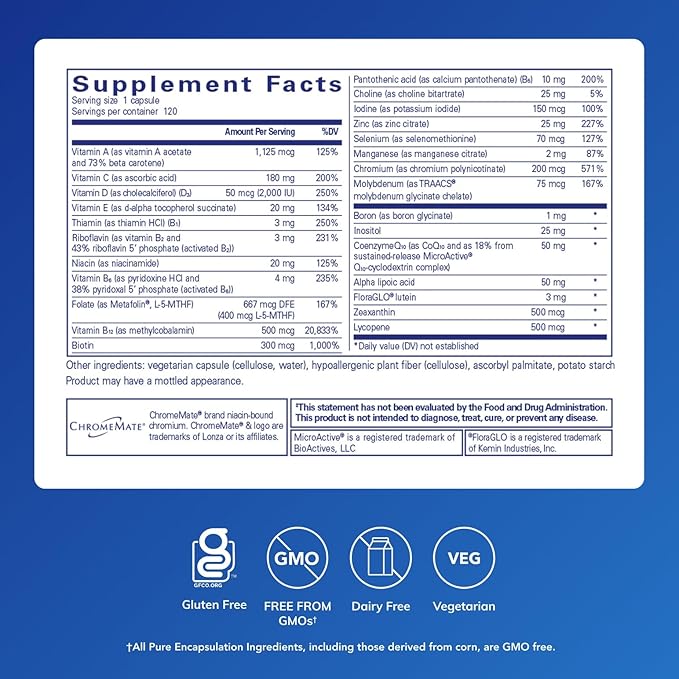 Pure Encapsulations O.N.E. Multivitamin - Once Daily Multivitamin with Antioxidant Complex Metafolin, CoQ10, and Lutein to Support Vision, Cognitive Function, and Cellular Health* - 120 Capsules