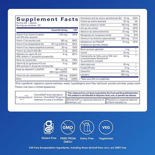 Pure Encapsulations O.N.E. Multivitamin - Once Daily Multivitamin with Antioxidant Complex Metafolin, CoQ10, and Lutein to Support Vision, Cognitive Function, and Cellular Health* - 120 Capsules