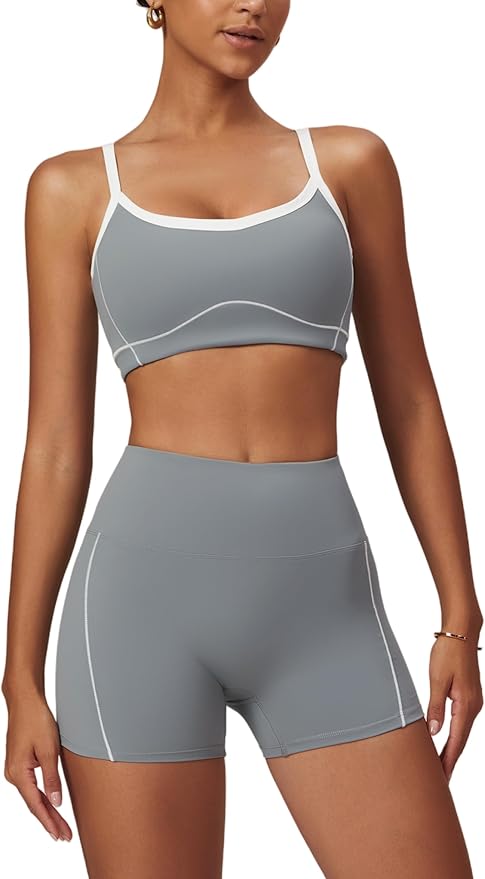 Workout Sets for Women 2 Piece Contrast Panel Sports Bra Tummy Control Butt lifting Shorts Jogger Outfits ﻿
